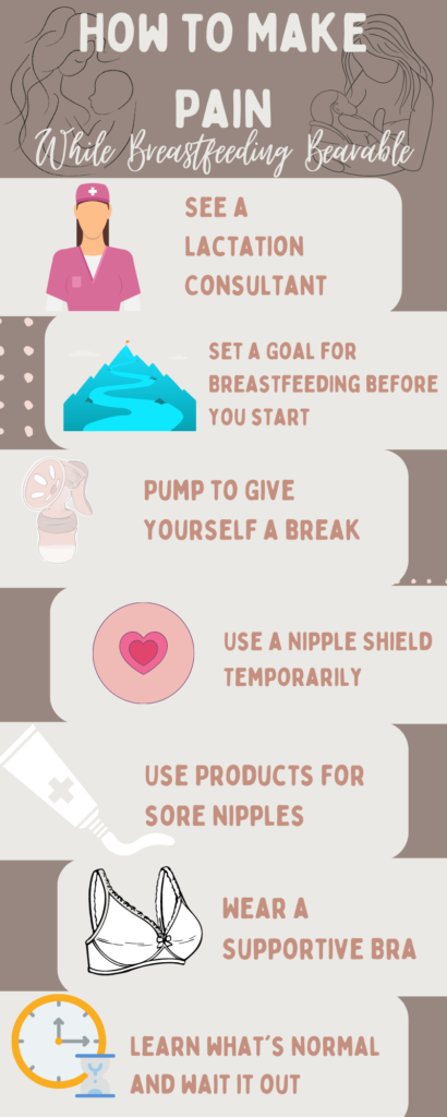 infographic with 7 tips for making pain while breastfeeding bearable