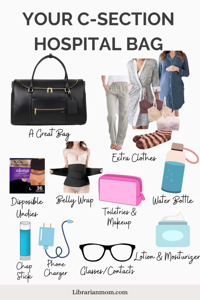 collage of items for c-section hospital bag