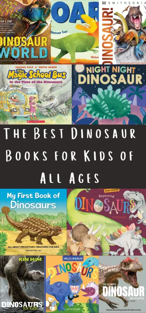 Collage of dinosaur books for kids