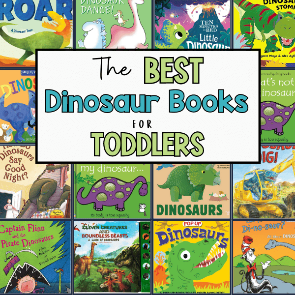 collage of dinosaur books for toddlers