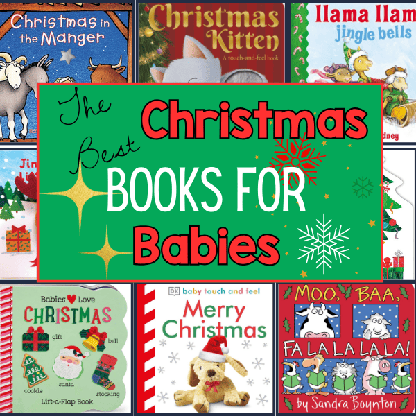 Collage of Christmas books for babies with title text